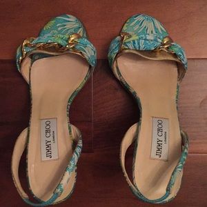 💯 Authentic Jimmy Choo Silk/Gold Shoes, Size 37.5